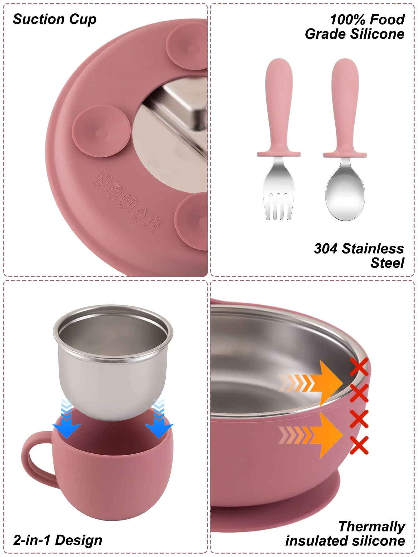 Coffret repas bébé 5 pièces – Assiettes en acier inoxydable et bol en silicone sans BPA – Image 5