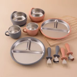 Coffret repas bébé 5 pièces – Assiettes en acier inoxydable et bol en silicone sans BPA
